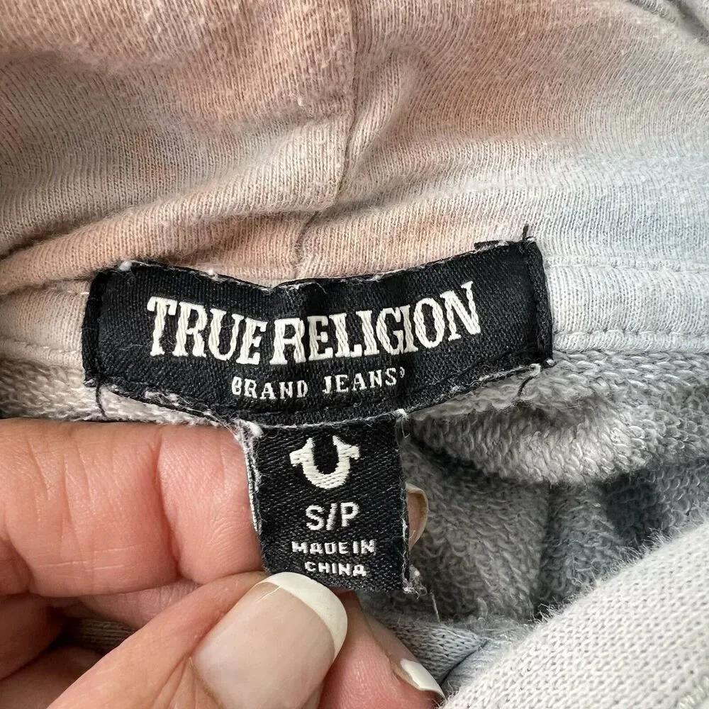 True Religion Hoodie Mens Small Tie Dye Blue Logo Spell Out Sleeves Pockets